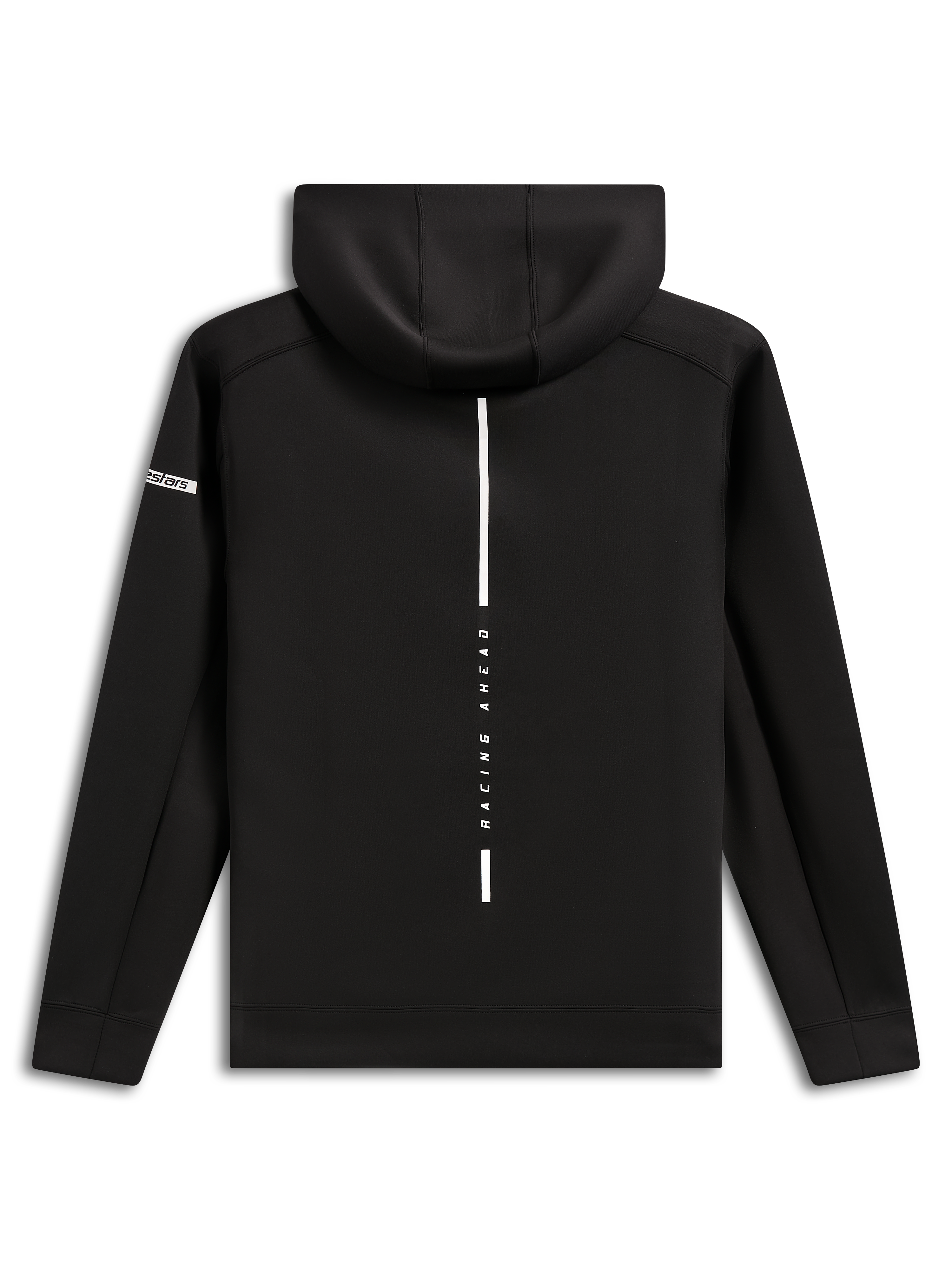 Alpinestars Insight Hoodie, Rückansicht, schwarzer Fleece-Kapuzenpullover, vertikaler weißer Streifen mit „RACING AHEAD“-Schriftzug, Alpinestars-Wortlogo auf dem Ärmel, lässige, vom Motorsport inspirierte Streetwear