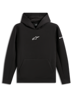 Alpinestars Insight Hoodie, schwarzer Kapuzenpullover, weißes Astars-Logo auf der Brust, Kängurutasche, Kapuze mit Mesh-Futter, lässige vom Motorsport inspirierte Streetwear