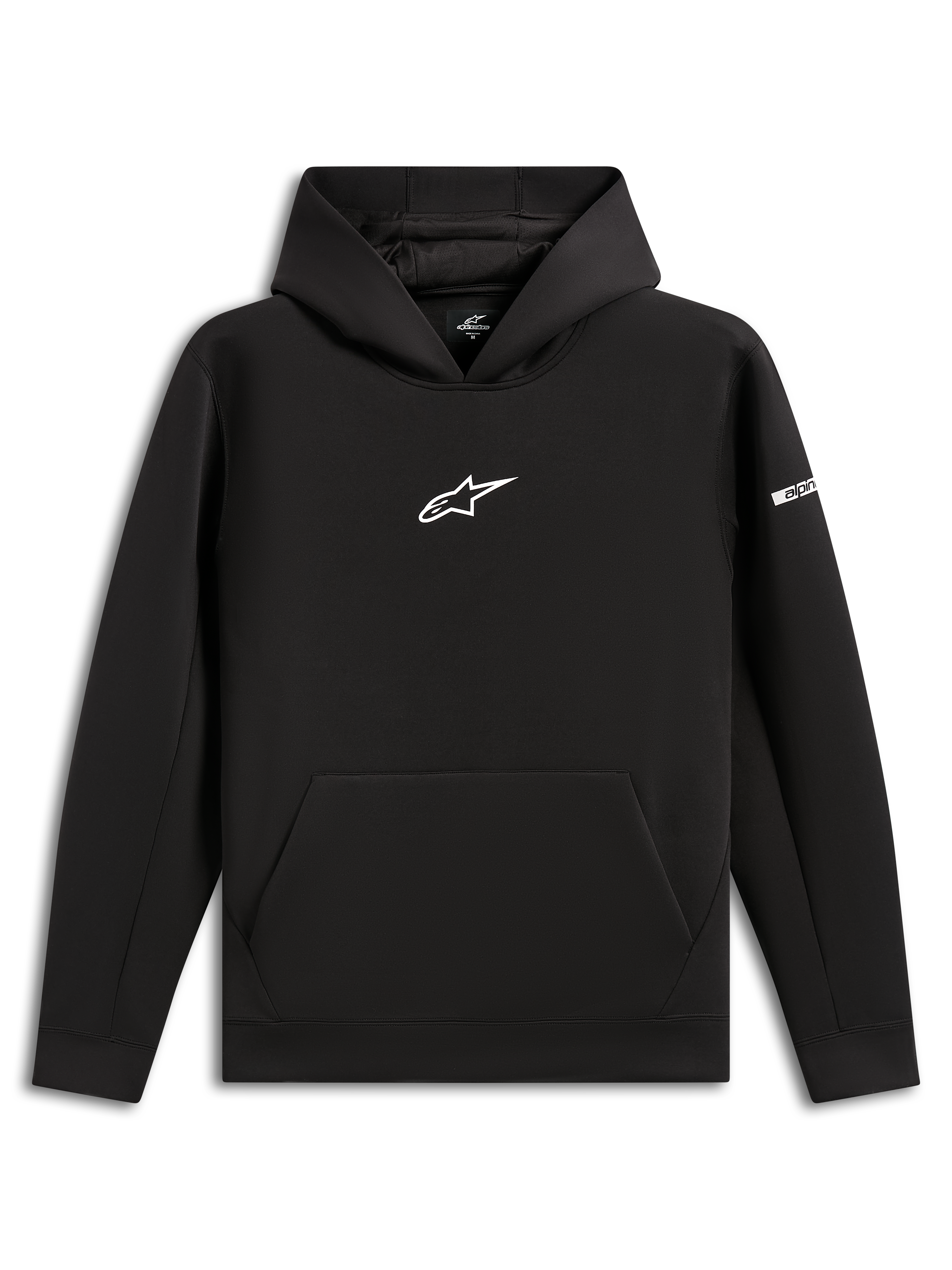 Alpinestars Insight Hoodie, schwarzer Kapuzenpullover, weißes Astars-Logo auf der Brust, Kängurutasche, Kapuze mit Mesh-Futter, lässige vom Motorsport inspirierte Streetwear