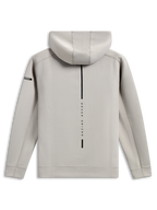 Alpinestars Insight Hoodie, Rückansicht des zementgrauen Kapuzenpullovers, vertikaler schwarzer Streifen mit „RACING AHEAD“-Schriftzug, kleines Astars-Ärmellogo, glattes Tri-Blend-Doppelfleece, lässige Motorsport-Streetwear