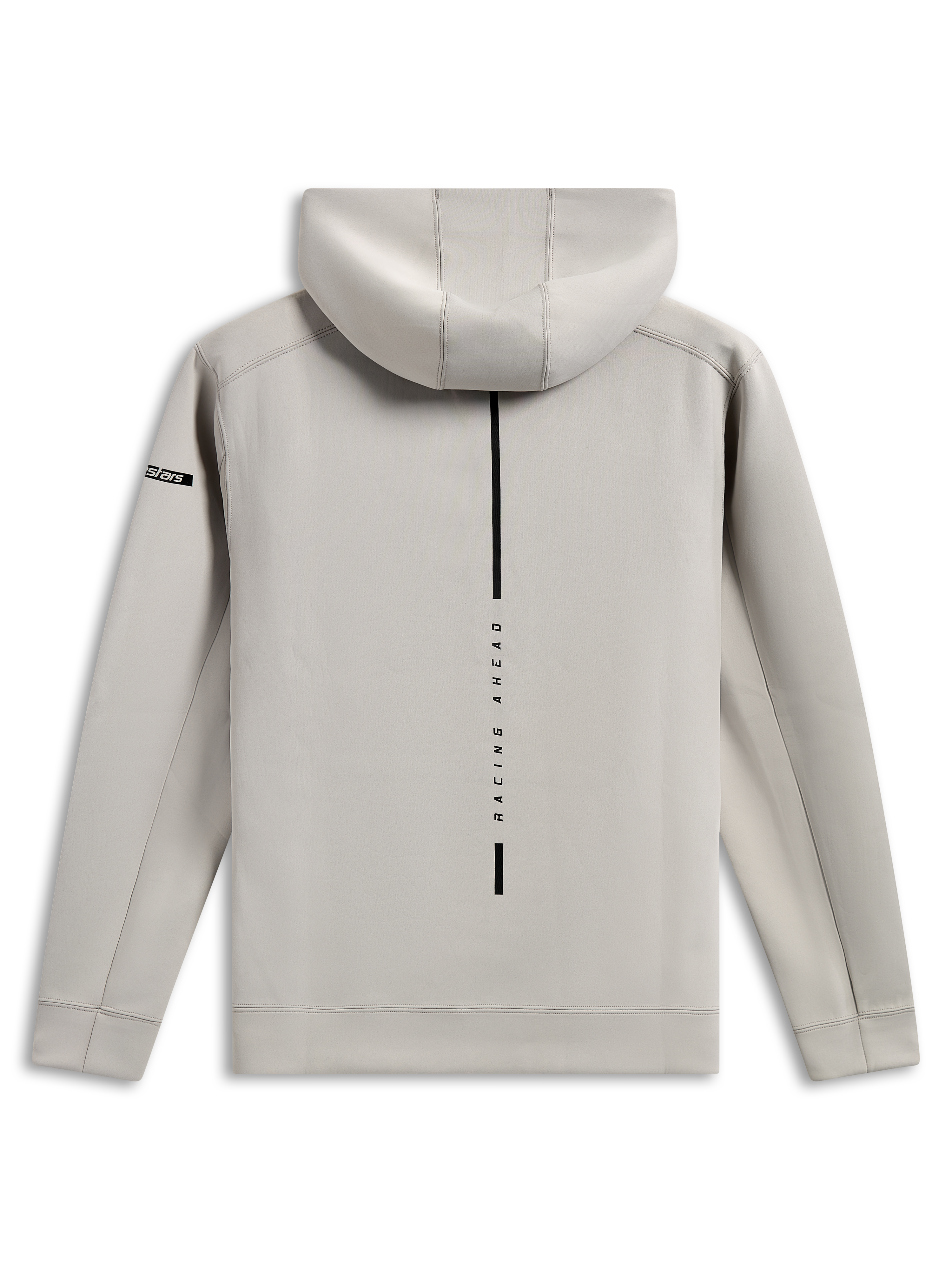 Alpinestars Insight Hoodie, Rückansicht des zementgrauen Kapuzenpullovers, vertikaler schwarzer Streifen mit „RACING AHEAD“-Schriftzug, kleines Astars-Ärmellogo, glattes Tri-Blend-Doppelfleece, lässige Motorsport-Streetwear