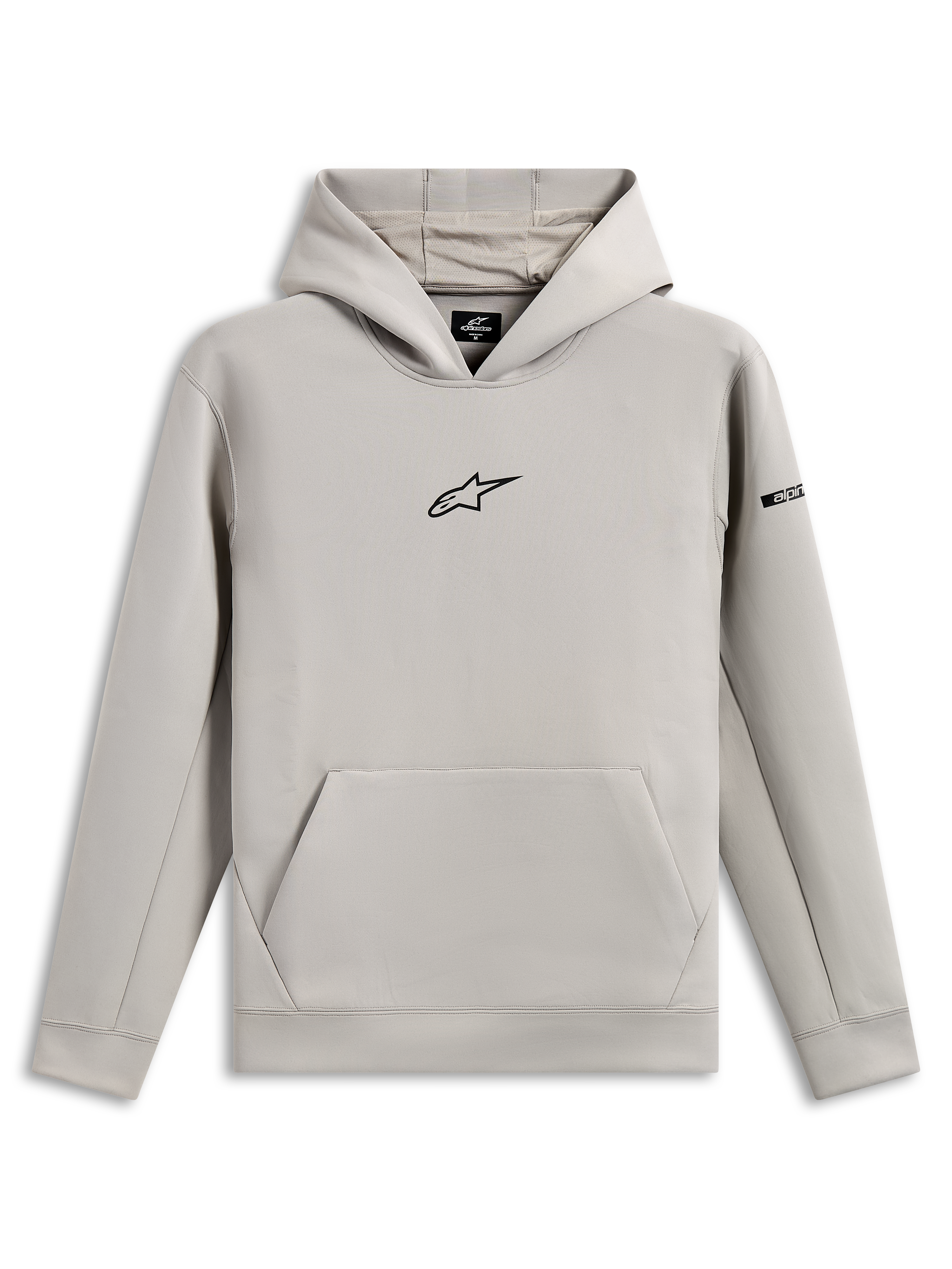 Alpinestars Insight Hoodie, lässige Sportbekleidung, Zementgrau mit schwarzem Astars-Logo auf der Brust, Kängurutasche, Kapuze mit Mesh-Futter, lange Ärmel, modernes, vom Motorsport inspiriertes Design