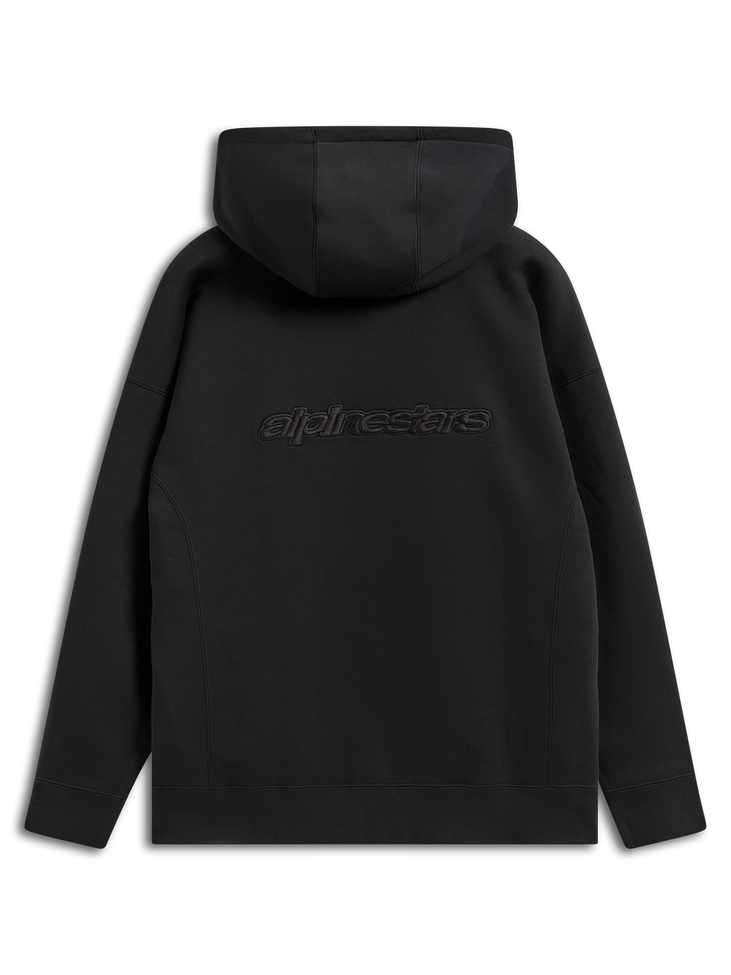 Alpinestars Emergent Oversized Hoodie, schwarze lässige Streetwear, Rückansicht mit gesticktem Alpinestars-Wortlogo, Oversized-Passform mit Kapuzendesign und Rippbündchen am Saum