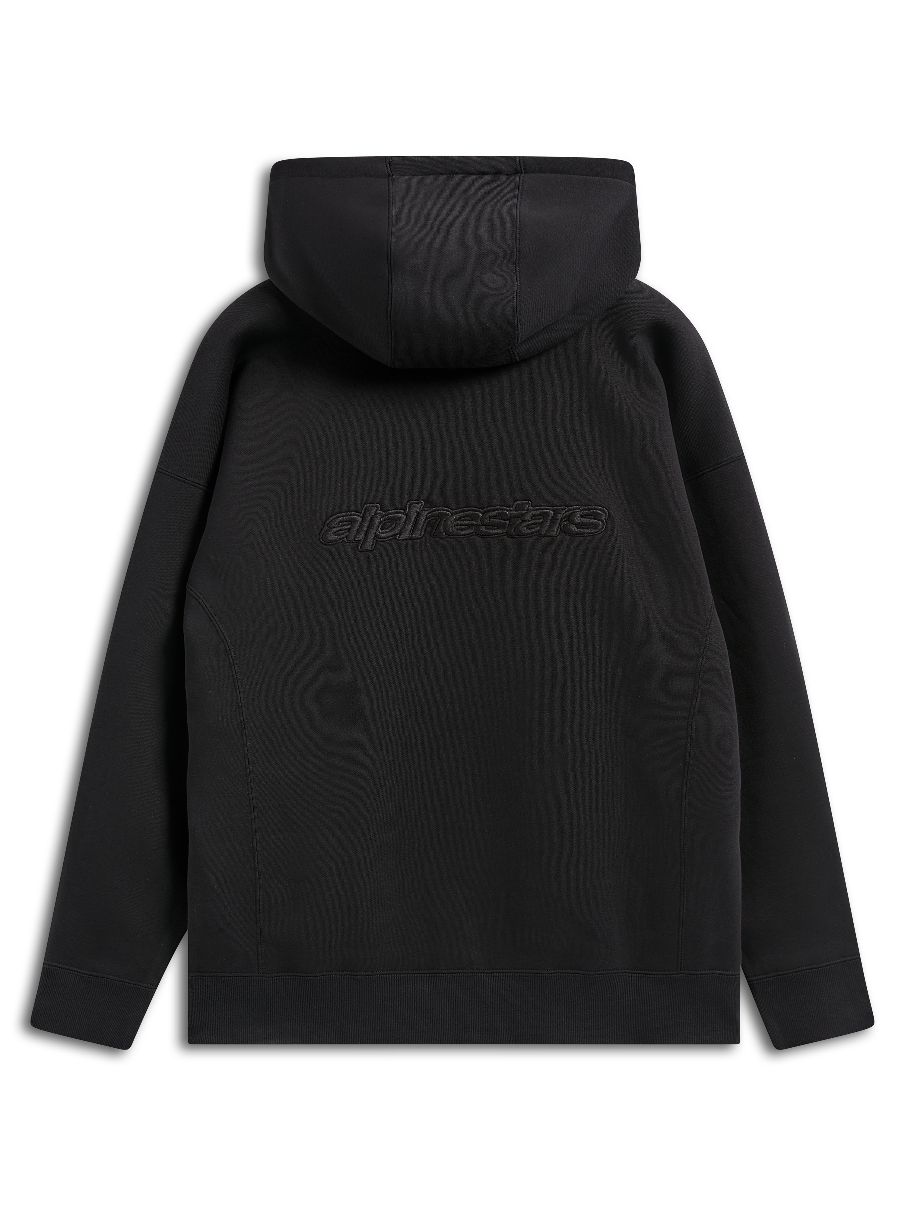 Alpinestars Emergent Oversized Hoodie, schwarze lässige Streetwear, Rückansicht mit gesticktem Alpinestars-Wortlogo, Oversized-Passform mit Kapuzendesign und Rippbündchen am Saum