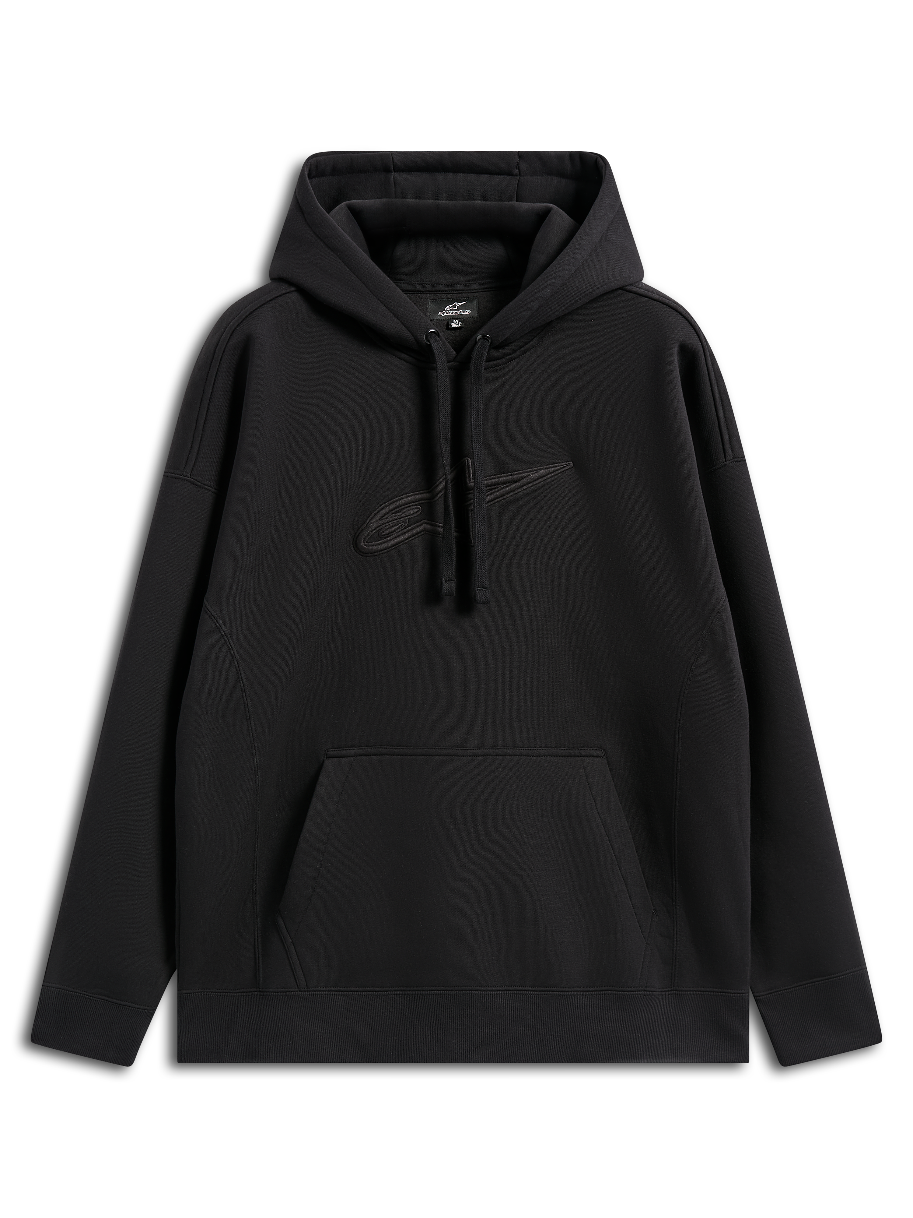Alpinestars Emergent Oversized Hoodie, lässiger Streetwear-Kapuzenpullover, Schwarz mit farblich passend besticktem Astars-Logo, Oversized-Passform, Kapuze mit Kordelzug, Kängurutasche, modernes, vom Motorsport inspiriertes Design