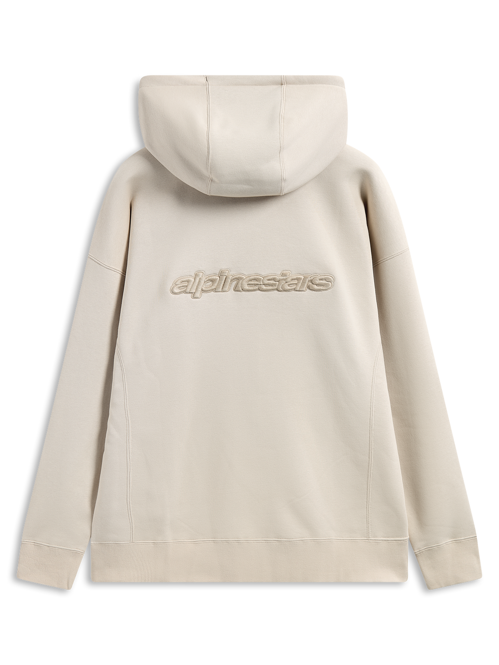 Alpinestars Emergent Oversized Hoodie, Rückansicht, Sand, 3D-gesticktes Alpinestars-Wortlogo mittig auf dem Rücken, Oversized-Passform mit Rippbündchen an Ärmeln und Saum, lässige Streetwear