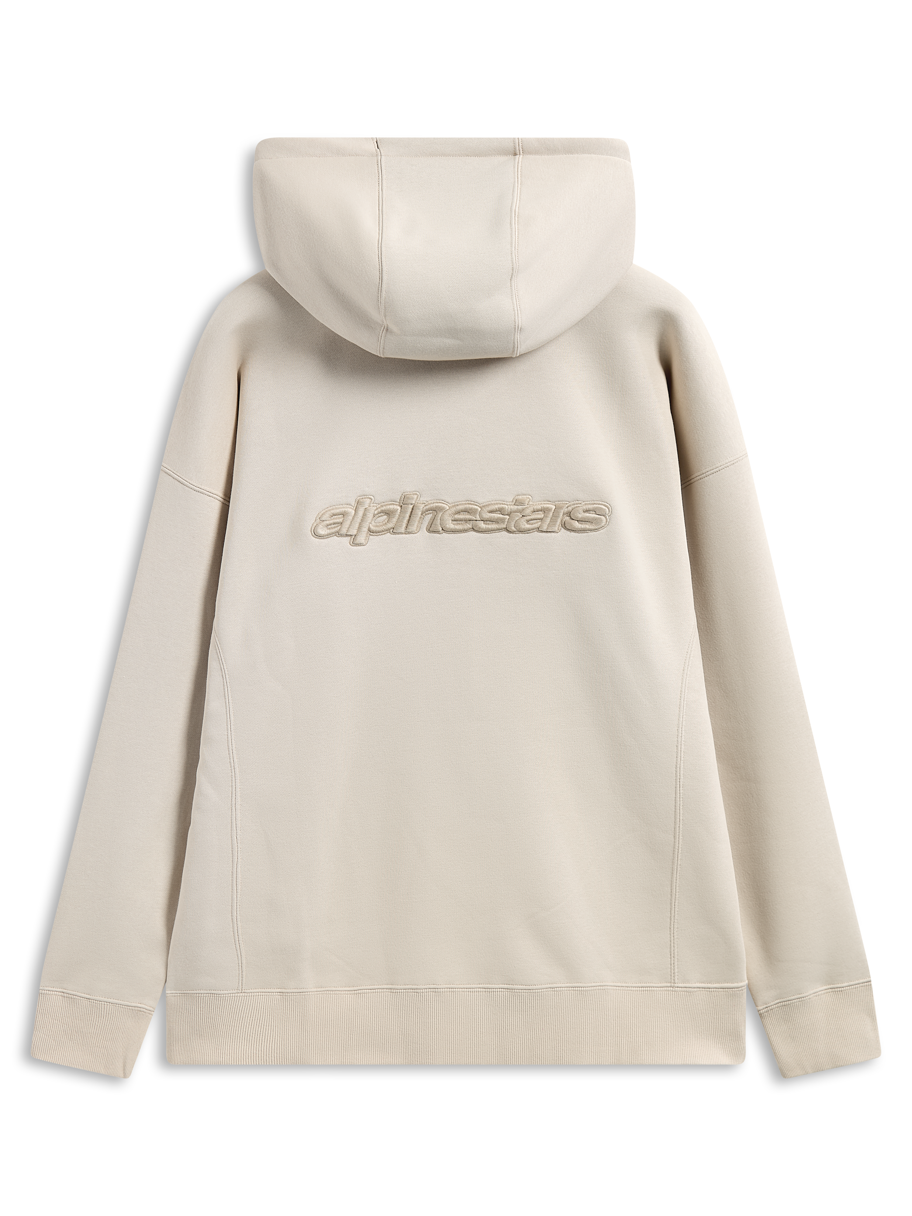 Alpinestars Emergent Oversized Hoodie, Rückansicht, Sand, 3D-gesticktes Alpinestars-Wortlogo mittig auf dem Rücken, Oversized-Passform mit Rippbündchen an Ärmeln und Saum, lässige Streetwear