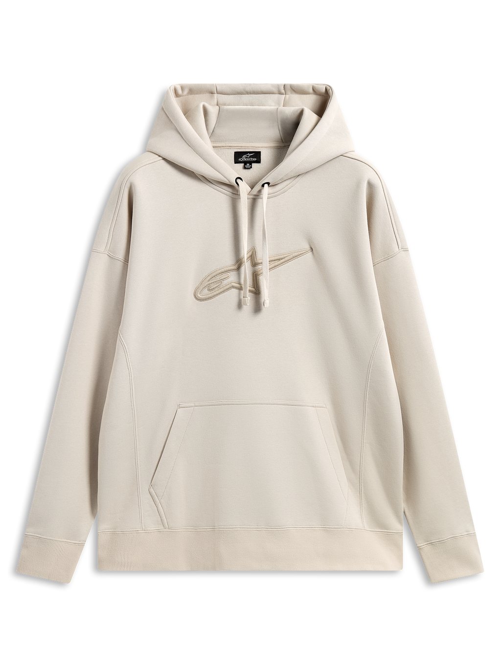 Alpinestars Emergent Oversized Hoodie, lässige Motorsport-Streetwear, sandfarben mit tonalem, 3D-besticktem Astars-Logo, Kapuze mit Kordelzug, Kängurutasche, entspannte Oversized-Passform
