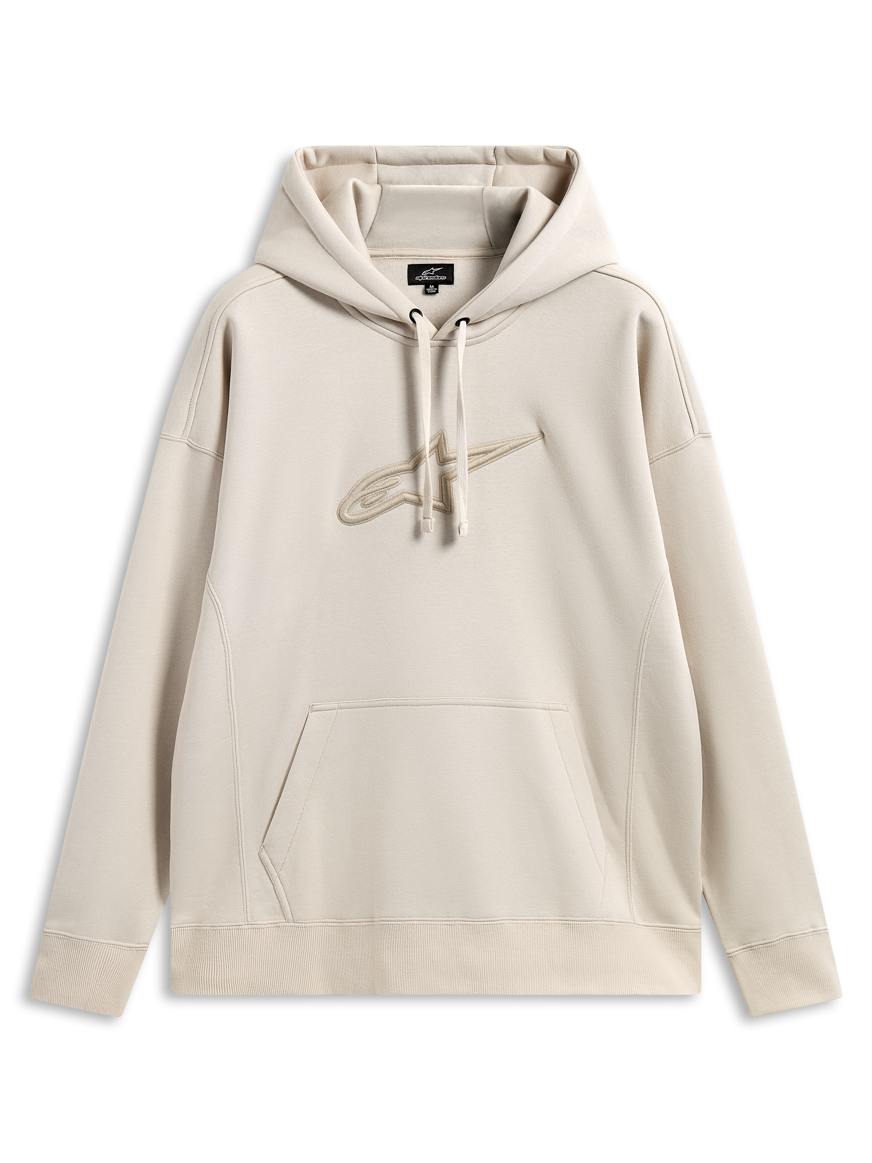 Alpinestars Emergent Oversized Hoodie, lässige Motorsport-Streetwear, sandfarben mit tonalem, 3D-besticktem Astars-Logo, Kapuze mit Kordelzug, Kängurutasche, entspannte Oversized-Passform