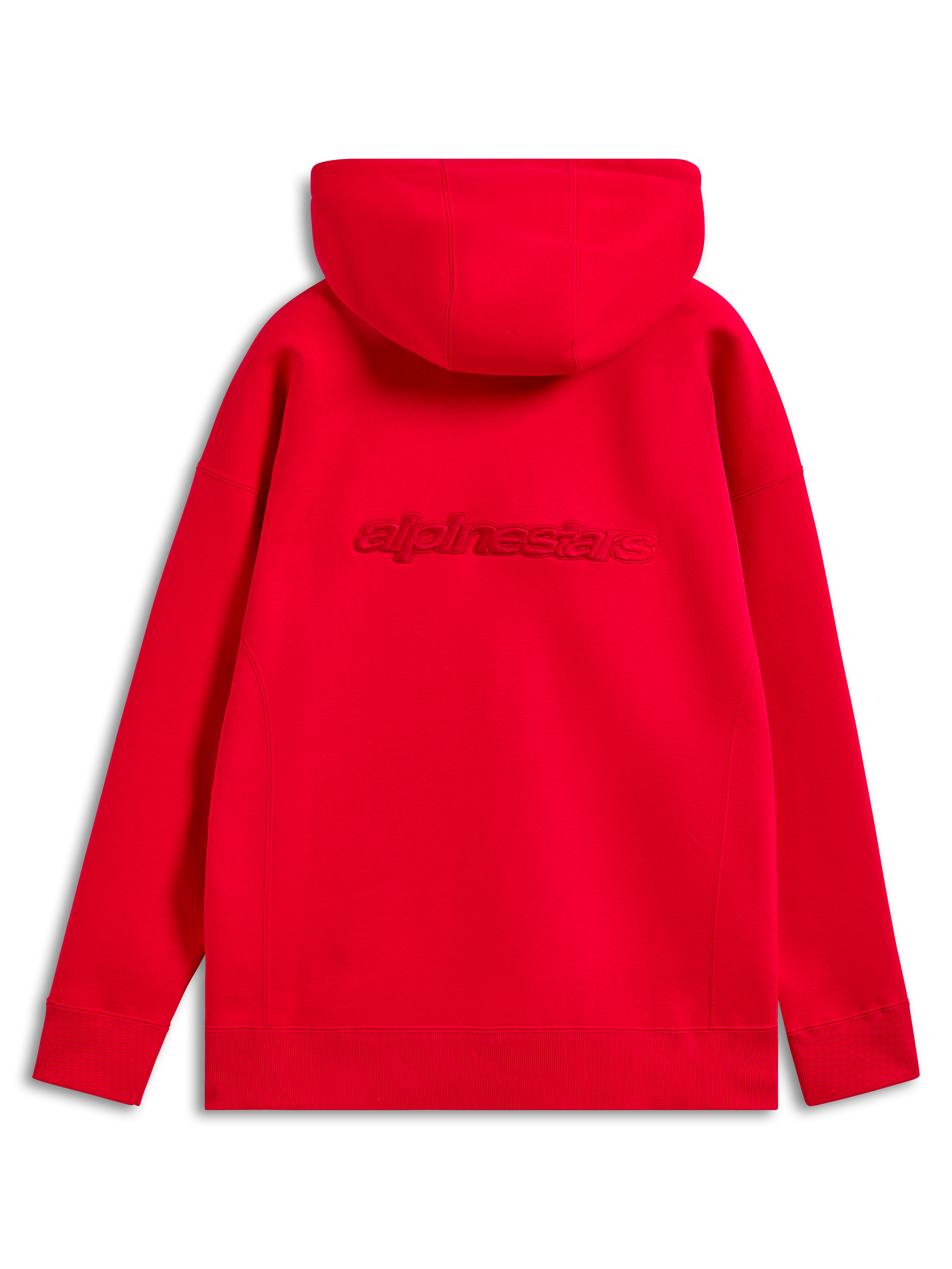 Alpinestars Emergent Oversized Hoodie, Rot, Rückansicht mit tonaler Alpinestars-Wortlogo-Stickerei auf dem Rücken, Oversized-Passform mit Rippbündchen und Saum, lässige Motorsport-Streetwear