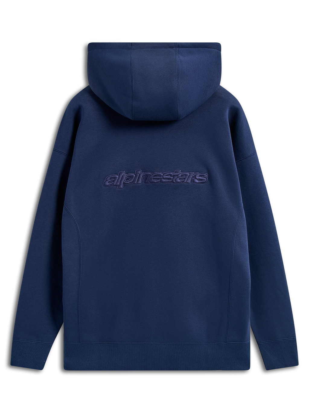 Alpinestars Emergent Oversized Hoodie, Marineblau, Rückansicht mit besticktem Alpinestars-Wortlogo, oversized geschnittener Fleece-Hoodie, lässige Streetwear mit Kapuze mit Kordelzug und Rippbündchen