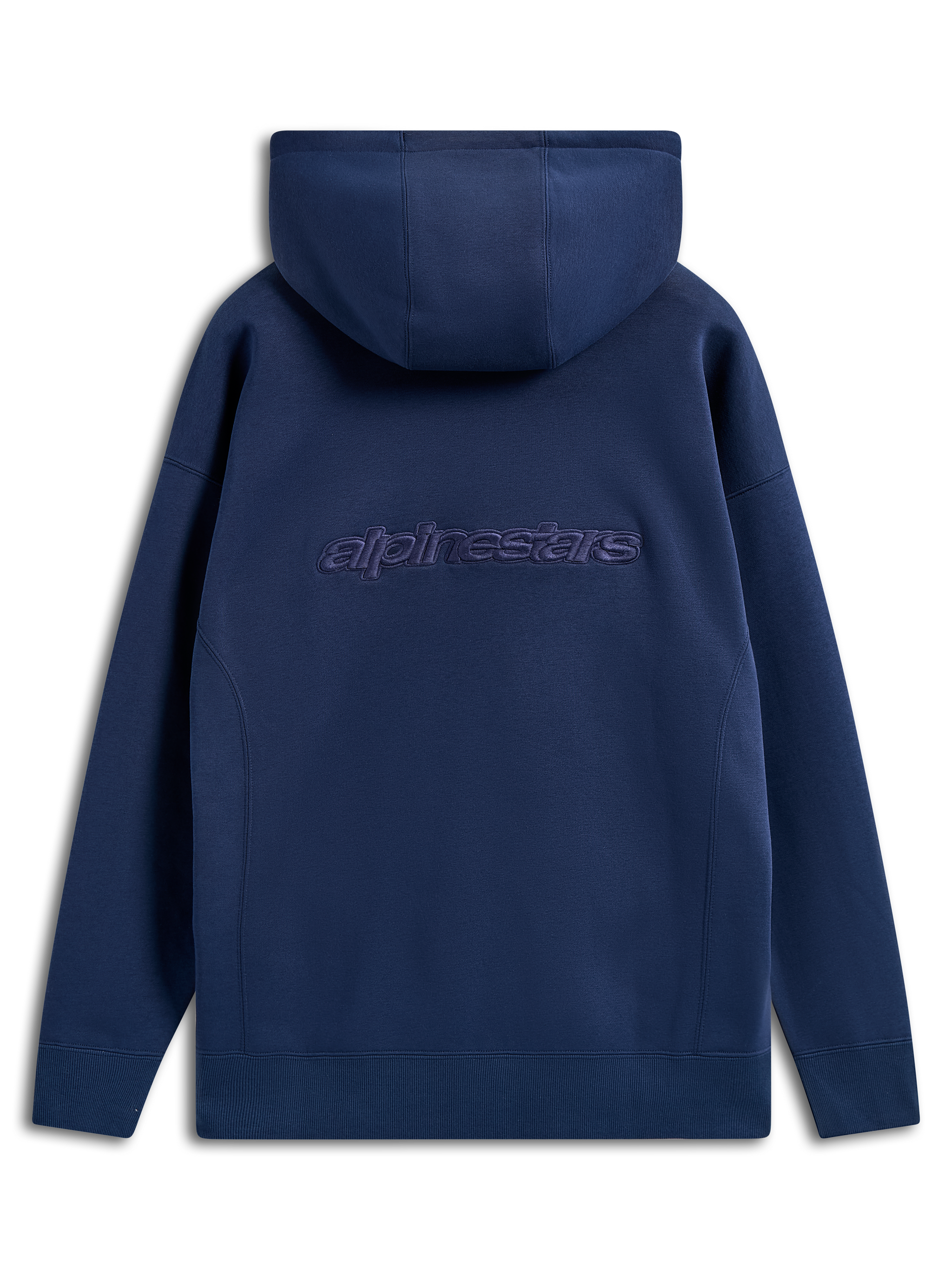 Alpinestars Emergent Oversized Hoodie, Navy Blue, back view featuring embroidered Alpinestars word logo, oversized fit pullover fleece, casual streetwear with drawstring hood and ribbed cuffs