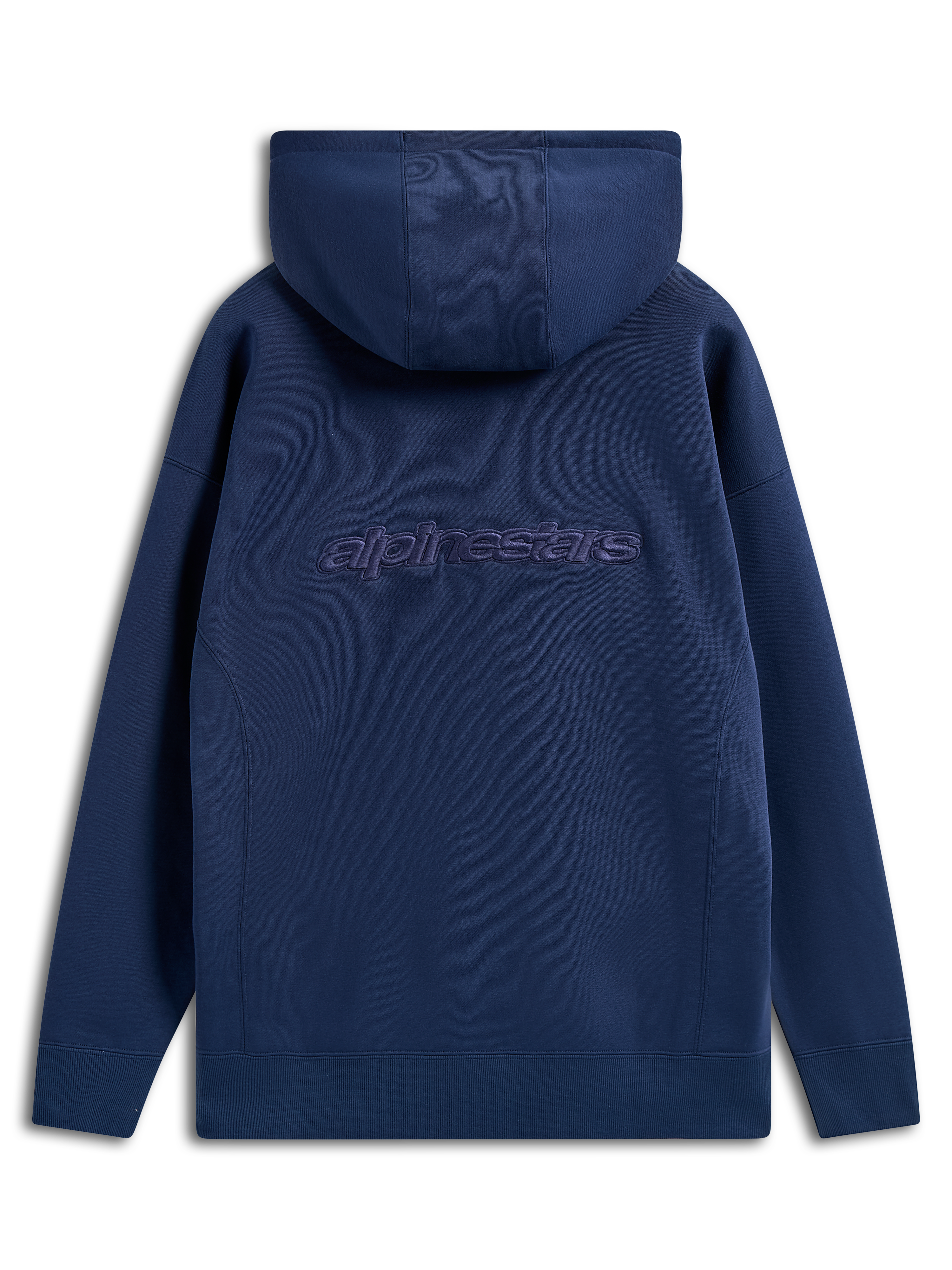 Alpinestars Emergent Oversized Hoodie, Marineblau, Rückansicht mit besticktem Alpinestars-Wortlogo, oversized geschnittener Fleece-Hoodie, lässige Streetwear mit Kapuze mit Kordelzug und Rippbündchen