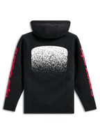 Alpinestars Obsessed Hoodie, schwarzer Fleece-Kapuzenpullover, Rückansicht, große weiße MX-Grafik mit Farbverlauf auf der Rückseite, rote Alpinestars-Schriftzüge auf den Ärmeln, lässige vom Motorsport inspirierte Streetwear