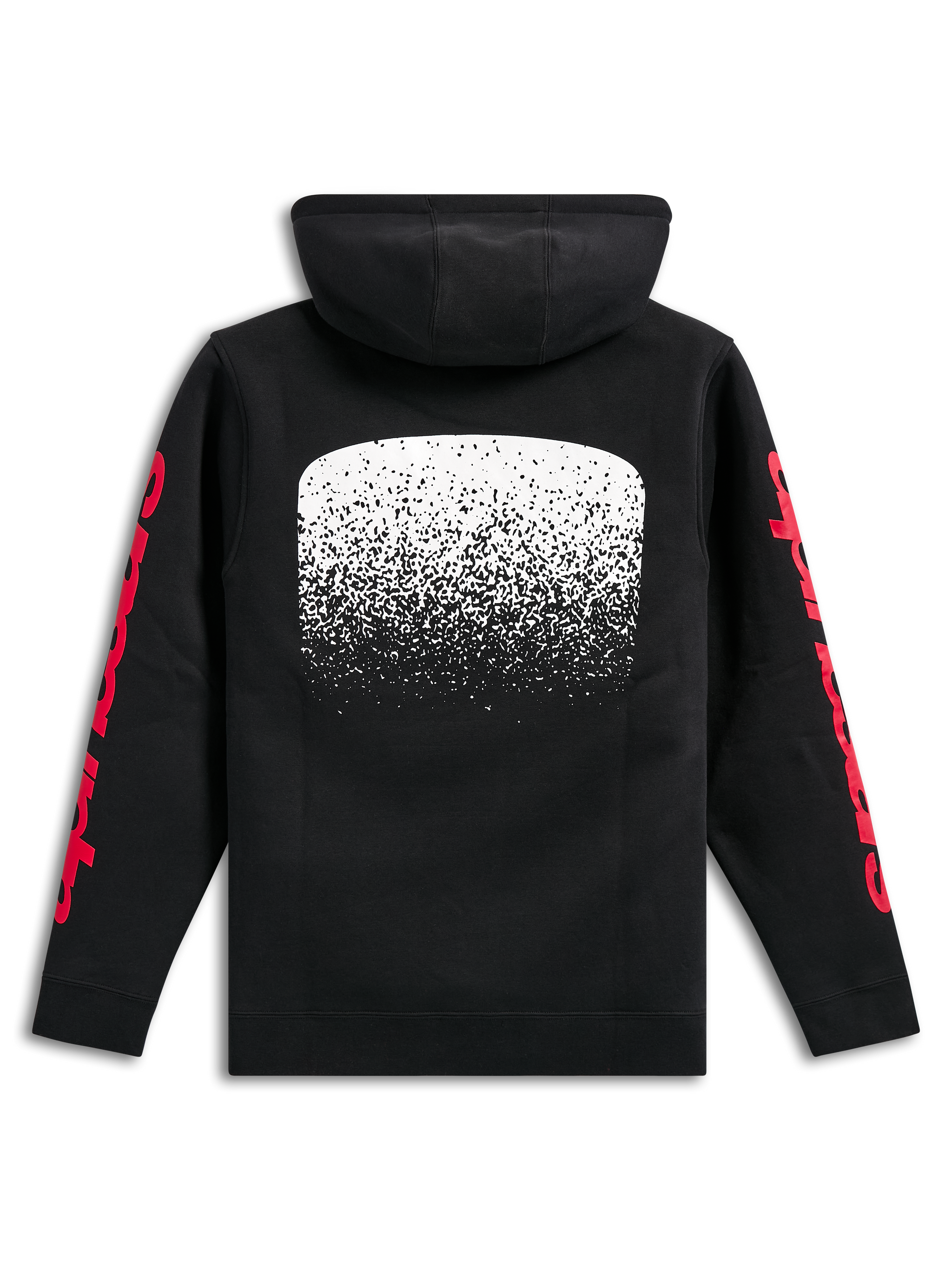 Alpinestars Obsessed Hoodie, schwarzer Fleece-Kapuzenpullover, Rückansicht, große weiße MX-Grafik mit Farbverlauf auf der Rückseite, rote Alpinestars-Schriftzüge auf den Ärmeln, lässige vom Motorsport inspirierte Streetwear