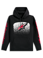 Alpinestars Obsessed Kapuzenpullover, schwarzer Hoodie, großes Astars-Logo auf der Vorderseite mit weißem und rotem MX-Farbverlauf, rote Alpinestars-Schriftzüge auf den Ärmeln, Kapuze mit Kordelzug und Kängurutasche, lässige Motorsport-inspirierte Streetwear