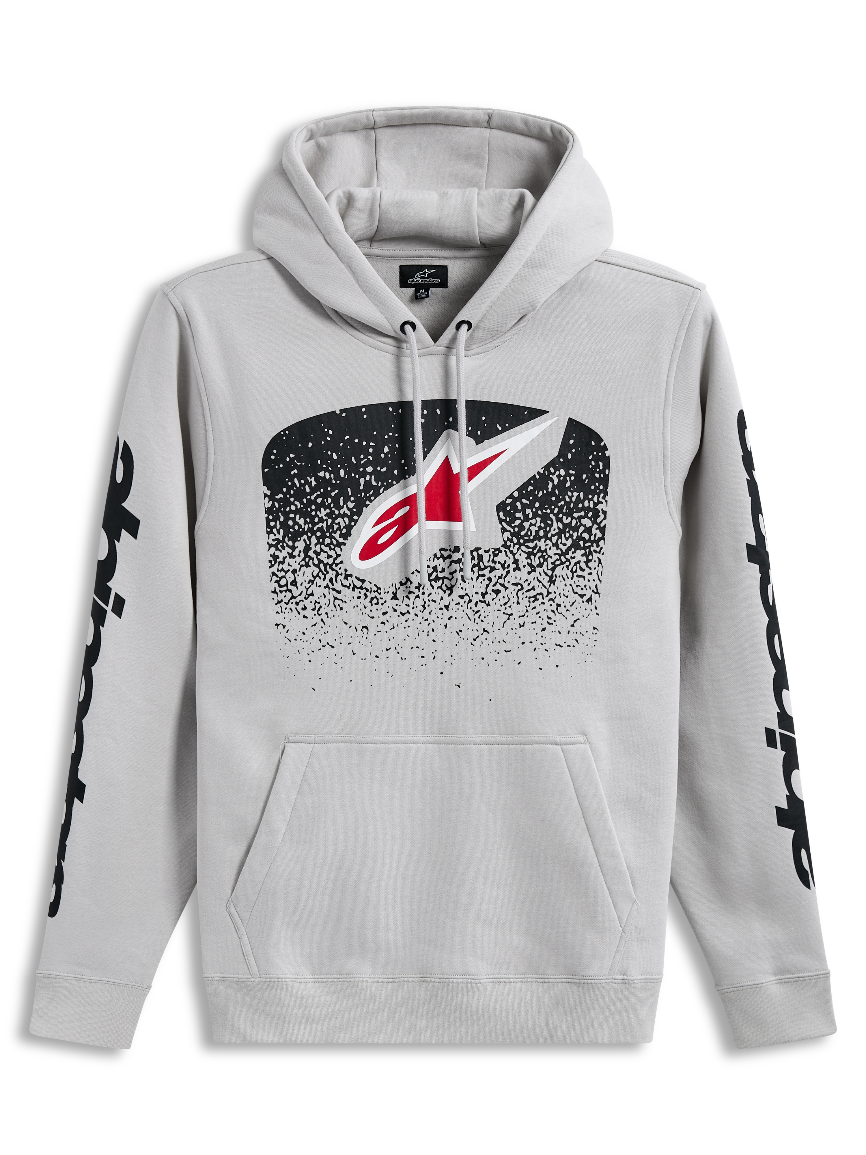 Alpinestars Obsessed Hoodie, Kapuzenpullover in Zementgrau mit MX-Farbverlauf-Frontlogo und schwarzen Ärmelgrafiken.