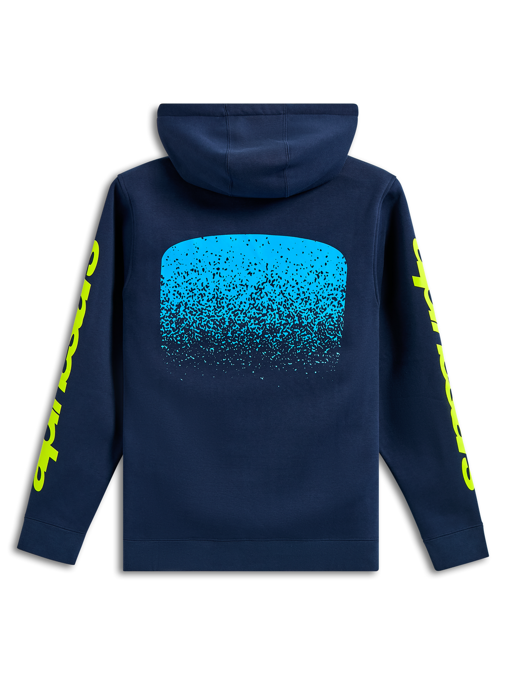 Alpinestars Obsessed Hoodie, Rückansicht, Navyblau, hellblaue MX-Farbverlaufsgrafik auf der Rückseite, gelbe Alpinestars Wort-Logos auf den Ärmeln, lässige Motorsport-Streetwear