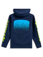 Alpinestars Obsessed Hoodie, Rückansicht, Navyblau, hellblaue MX-Farbverlaufsgrafik auf der Rückseite, gelbe Alpinestars Wort-Logos auf den Ärmeln, lässige Motorsport-Streetwear