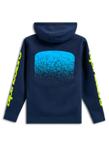 Alpinestars Obsessed Hoodie, back view, Navy blue, light blue MX gradation graphic on the back, yellow Alpinestars word logos on sleeves, casual motorsport streetwear