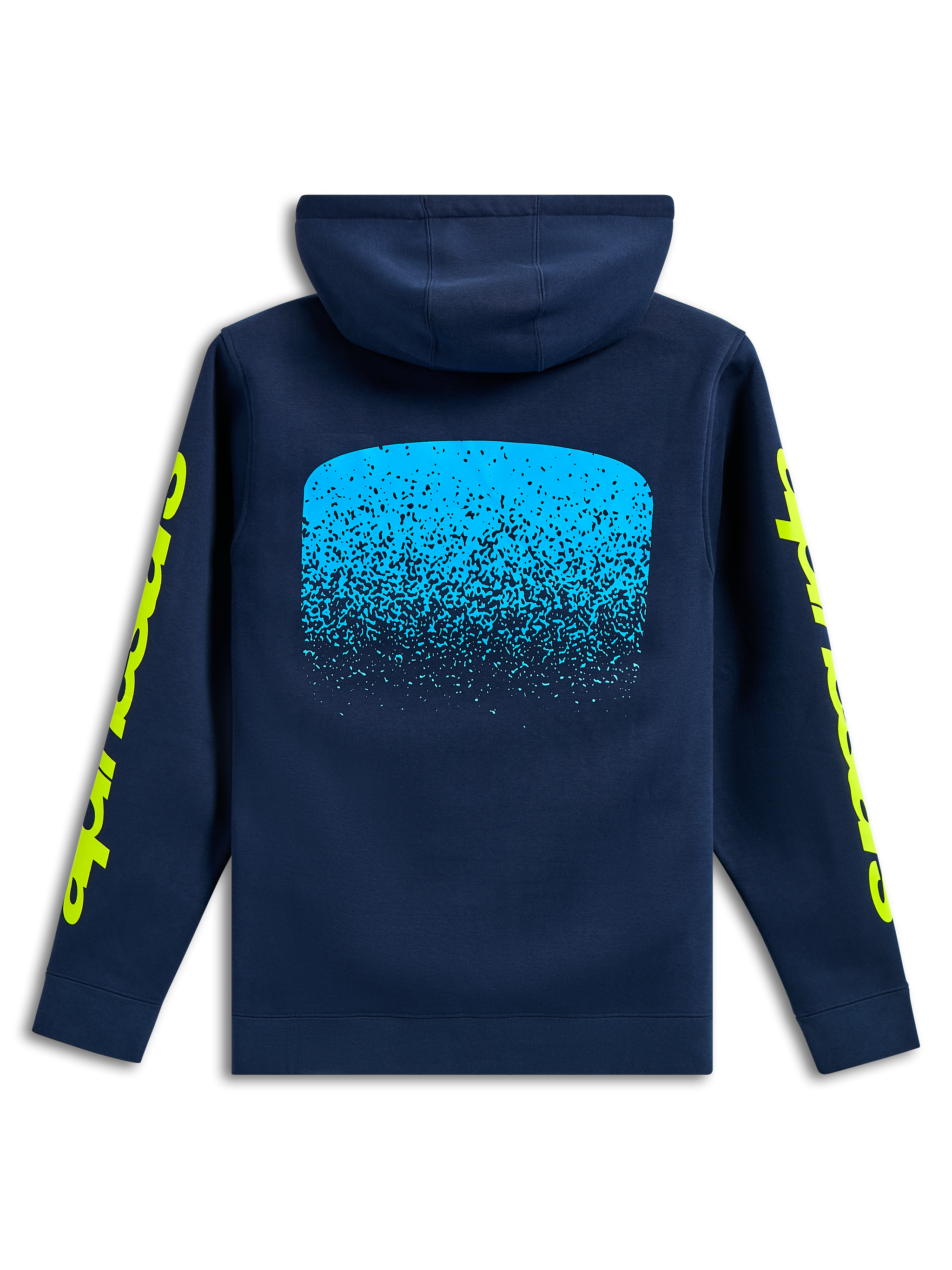 Alpinestars Obsessed Hoodie, back view, Navy blue, light blue MX gradation graphic on the back, yellow Alpinestars word logos on sleeves, casual motorsport streetwear