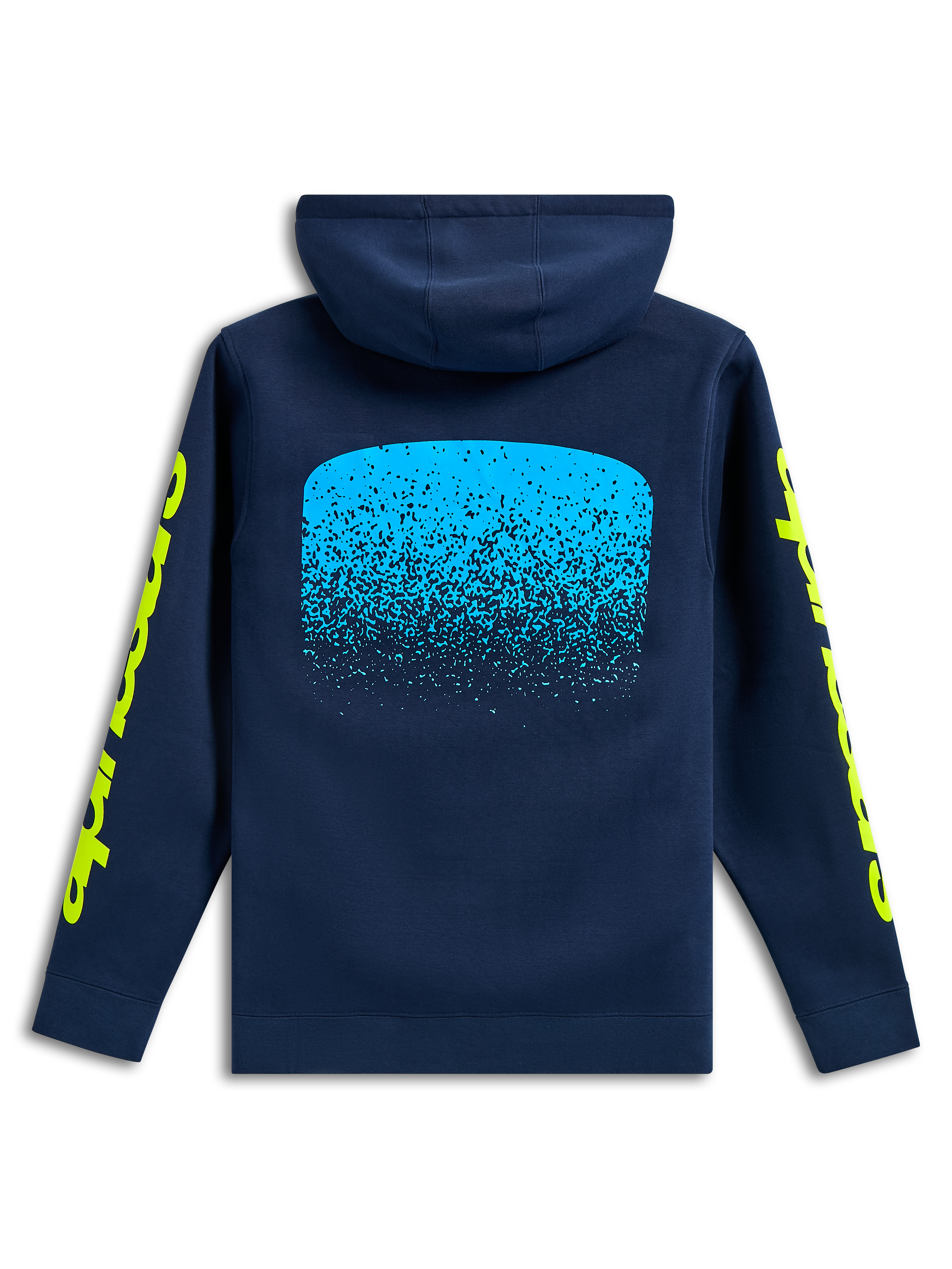 Alpinestars Obsessed Hoodie, Rückansicht, Navyblau, hellblaue MX-Farbverlaufsgrafik auf der Rückseite, gelbe Alpinestars Wort-Logos auf den Ärmeln, lässige Motorsport-Streetwear