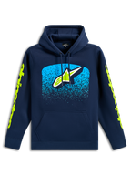 Alpinestars Obsessed Hoodie, marineblauer Freizeit-Kapuzenpullover, vorderes Astars-Logo mit cyanfarbenem MX-Farbverlauf, limettengrüne Wortmarken-Logos auf den Ärmeln, Kapuze mit Kordelzug und Kängurutasche, motorsport-inspiriertes Design