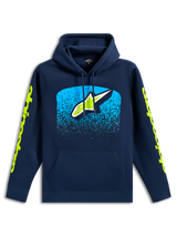 Alpinestars Obsessed Hoodie, Navy Blue casual pullover sweatshirt, front Astars Logo with cyan MX gradation graphic, lime green wordmark logos on sleeves, drawstring hood and kangaroo pocket, motorsport-inspired design