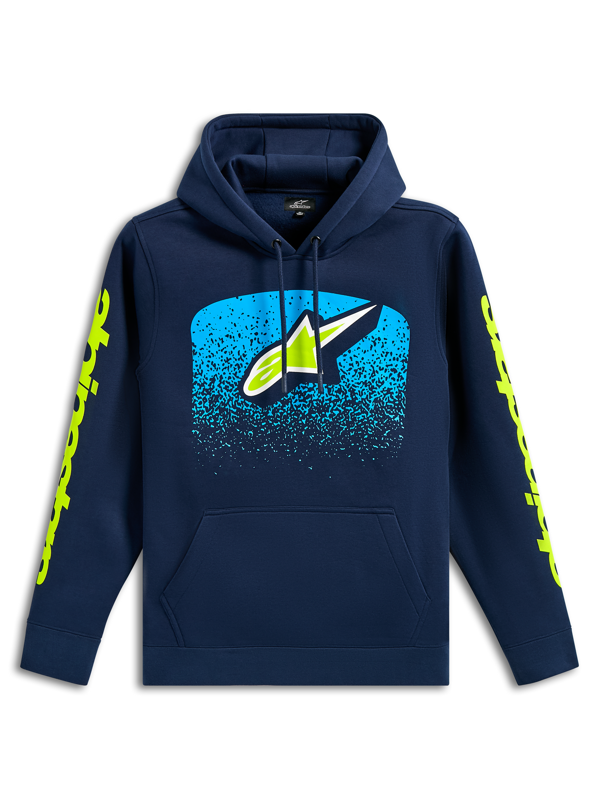 Alpinestars Obsessed Hoodie, Navy Blue casual pullover sweatshirt, front Astars Logo with cyan MX gradation graphic, lime green wordmark logos on sleeves, drawstring hood and kangaroo pocket, motorsport-inspired design