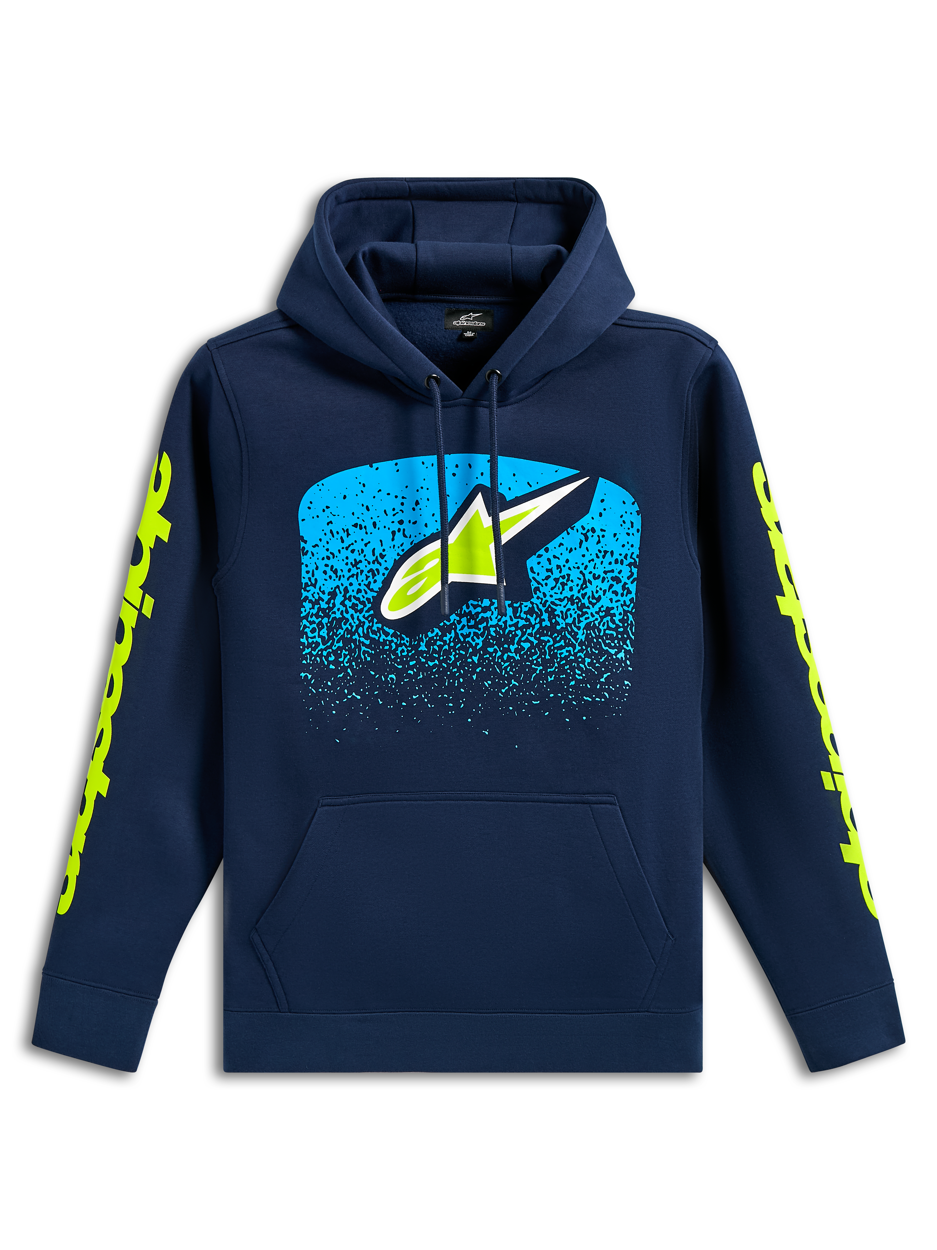 Alpinestars Obsessed Hoodie, marineblauer Freizeit-Kapuzenpullover, vorderes Astars-Logo mit cyanfarbenem MX-Farbverlauf, limettengrüne Wortmarken-Logos auf den Ärmeln, Kapuze mit Kordelzug und Kängurutasche, motorsport-inspiriertes Design