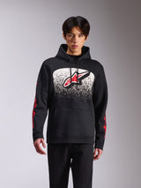 Alpinestars Obsessed Hoodie, lässige Sportbekleidung, schwarzer Kapuzenpullover mit großem Astars-Logo vorne und weiß-schwarz gesprenkeltem MX-Farbverlauf, rotes Branding an den Ärmeln, Kapuze mit Kordelzug und Rippbündchen.