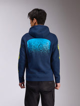 Alpinestars Obsessed Hoodie, navy blue hooded pullover fleece, back view featuring a large light blue MX gradation graphic, yellow Alpinestars wordmark on sleeves, casual motorsport-inspired streetwear