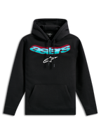 Alpinestars Ellipsoid Hoodie, schwarzer Fleece-Kapuzenpullover, mit geschwungenem Astars-Schriftzug mit Farbverlauf in Türkis und Rot und weißem Stern-Logo, Kapuze mit Kordelzug, Kängurutasche, lässige vom Motorsport inspirierte Streetwear