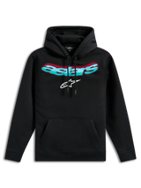 Alpinestars Ellipsoid Hoodie, schwarzer Fleece-Kapuzenpullover, mit geschwungenem Astars-Schriftzug mit Farbverlauf in Türkis und Rot und weißem Stern-Logo, Kapuze mit Kordelzug, Kängurutasche, lässige vom Motorsport inspirierte Streetwear