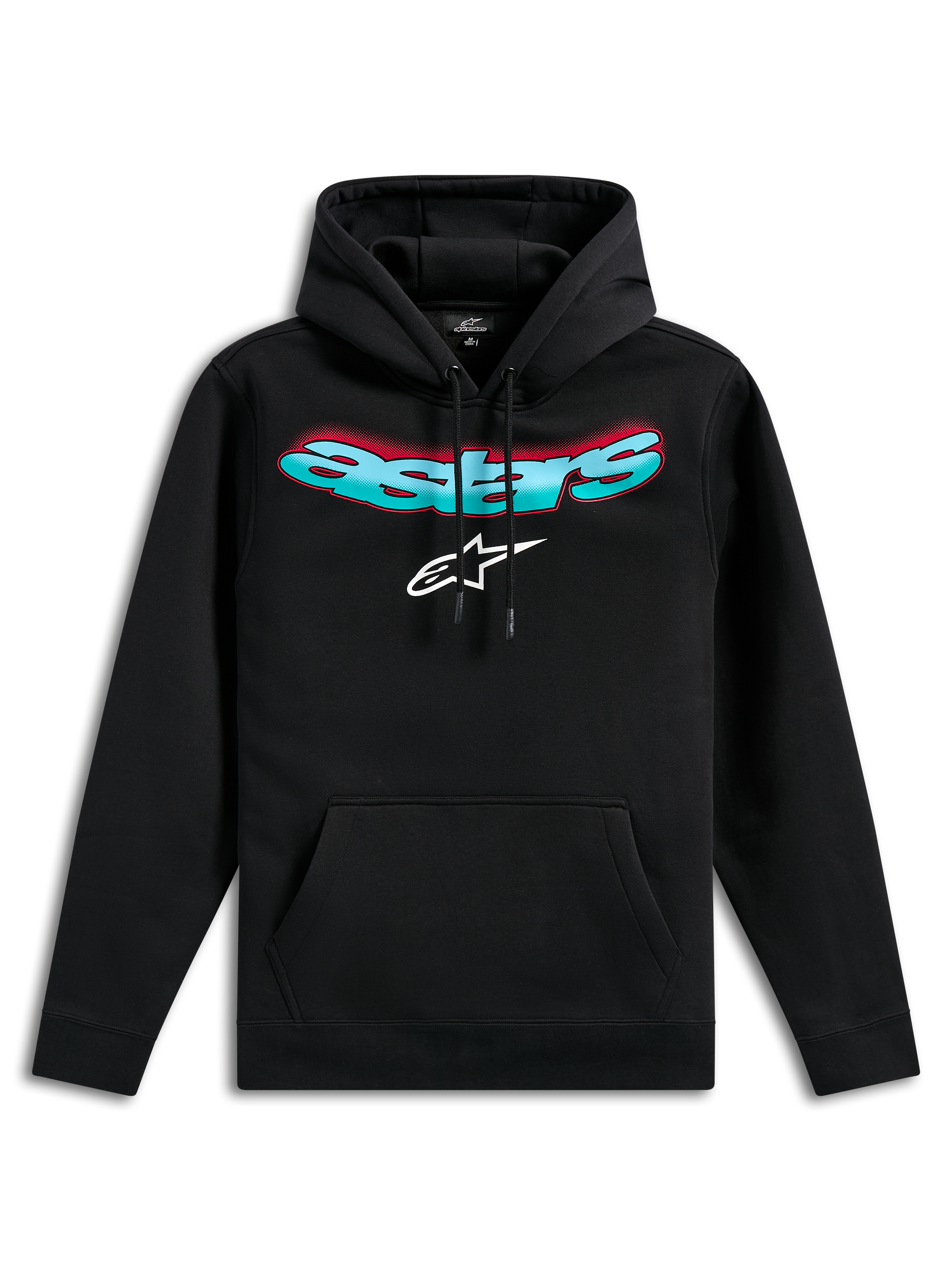 Alpinestars Ellipsoid Hoodie, schwarzer Fleece-Kapuzenpullover, mit geschwungenem Astars-Schriftzug mit Farbverlauf in Türkis und Rot und weißem Stern-Logo, Kapuze mit Kordelzug, Kängurutasche, lässige vom Motorsport inspirierte Streetwear