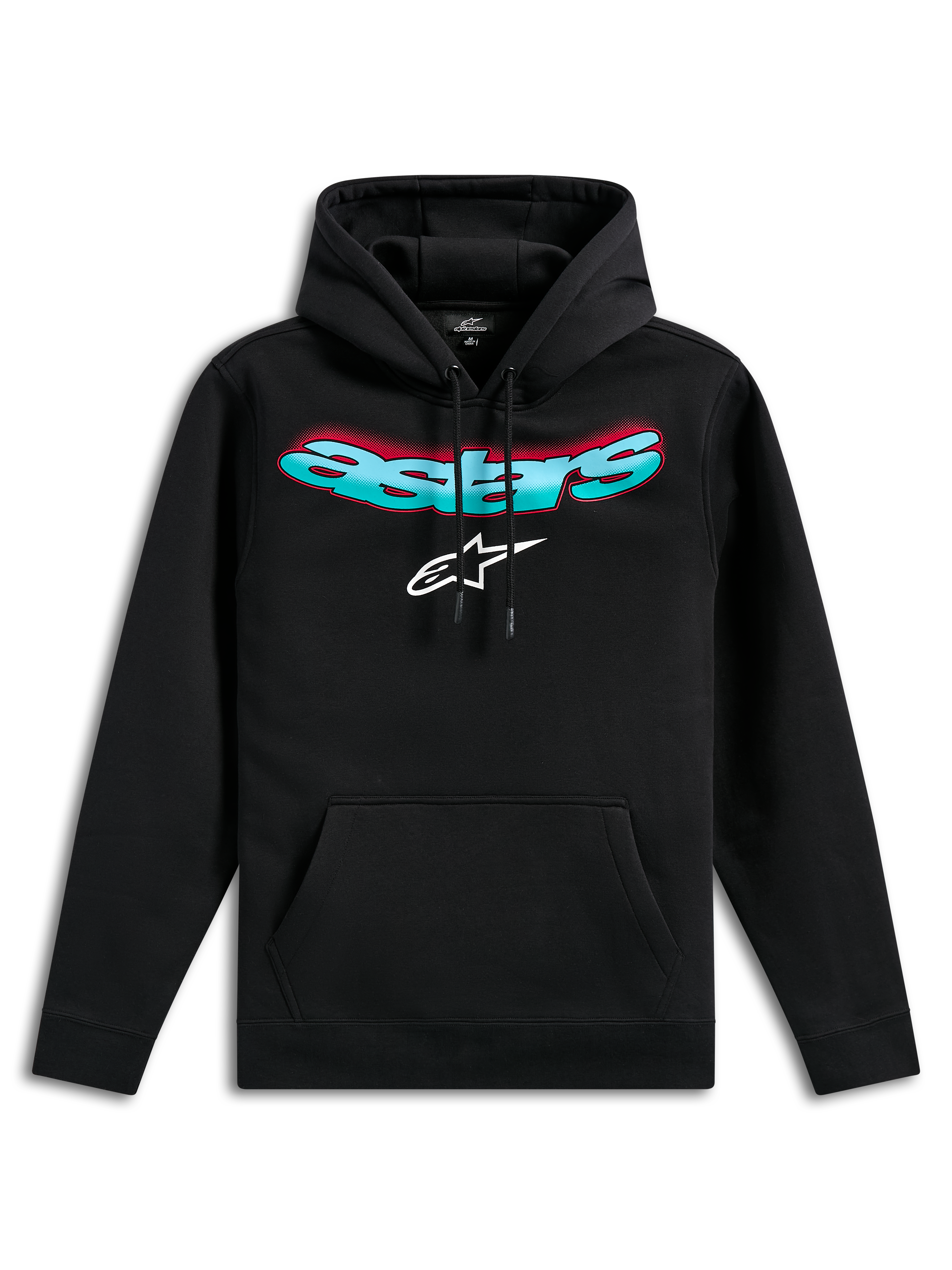 Alpinestars Ellipsoid Hoodie, schwarzer Fleece-Kapuzenpullover, mit geschwungenem Astars-Schriftzug mit Farbverlauf in Türkis und Rot und weißem Stern-Logo, Kapuze mit Kordelzug, Kängurutasche, lässige vom Motorsport inspirierte Streetwear