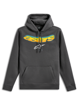 Alpinestars Ellipsoid Hoodie, Pullover Fleece Hoodie, Gunmetal Gray, featuring a curved Astars wordmark with yellow and orange color gradient and white Astars logo, front kangaroo pocket, casual motorsport-inspired streetwear