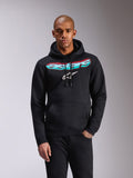 Alpinestars Ellipsoid Hoodie, schwarzer Fleece-Kapuzenpullover, Astars-Schriftzug mit Farbverlauf in Blaugrün und Pink und weißes Stern-Logo auf der Brust, Kapuze mit Kordelzug, Kängurutasche, lässige Sportbekleidung
