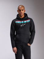 Alpinestars Ellipsoid Hoodie, schwarzer Fleece-Kapuzenpullover, Astars-Schriftzug mit Farbverlauf in Blaugrün und Pink und weißes Stern-Logo auf der Brust, Kapuze mit Kordelzug, Kängurutasche, lässige Sportbekleidung