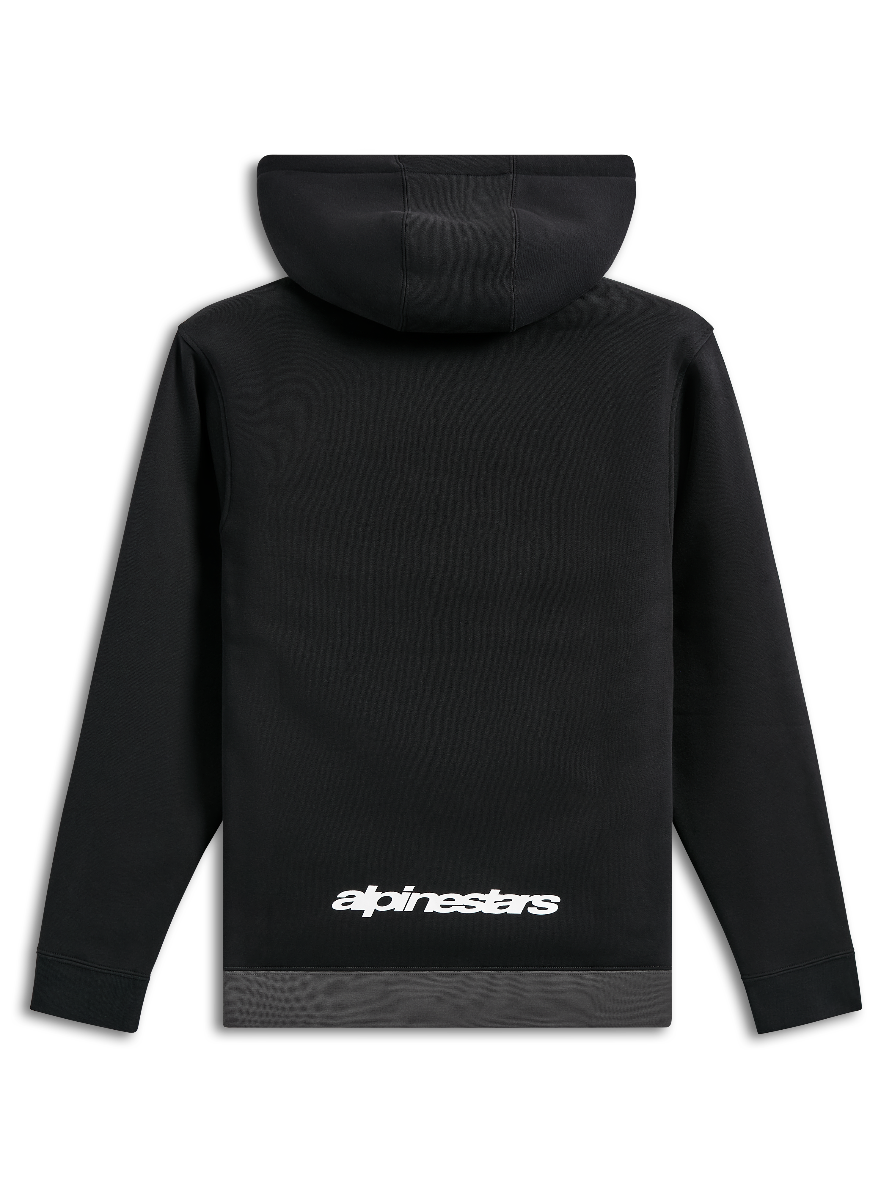 Alpinestars Parallel Hoodie, Rückansicht, schwarz mit gunmetal-grauem Saum, weißes Alpinestars-Wortlogo am unteren Rücken, lässige, vom Motorsport inspirierte Streetwear, lange Ärmel mit Rippbündchen