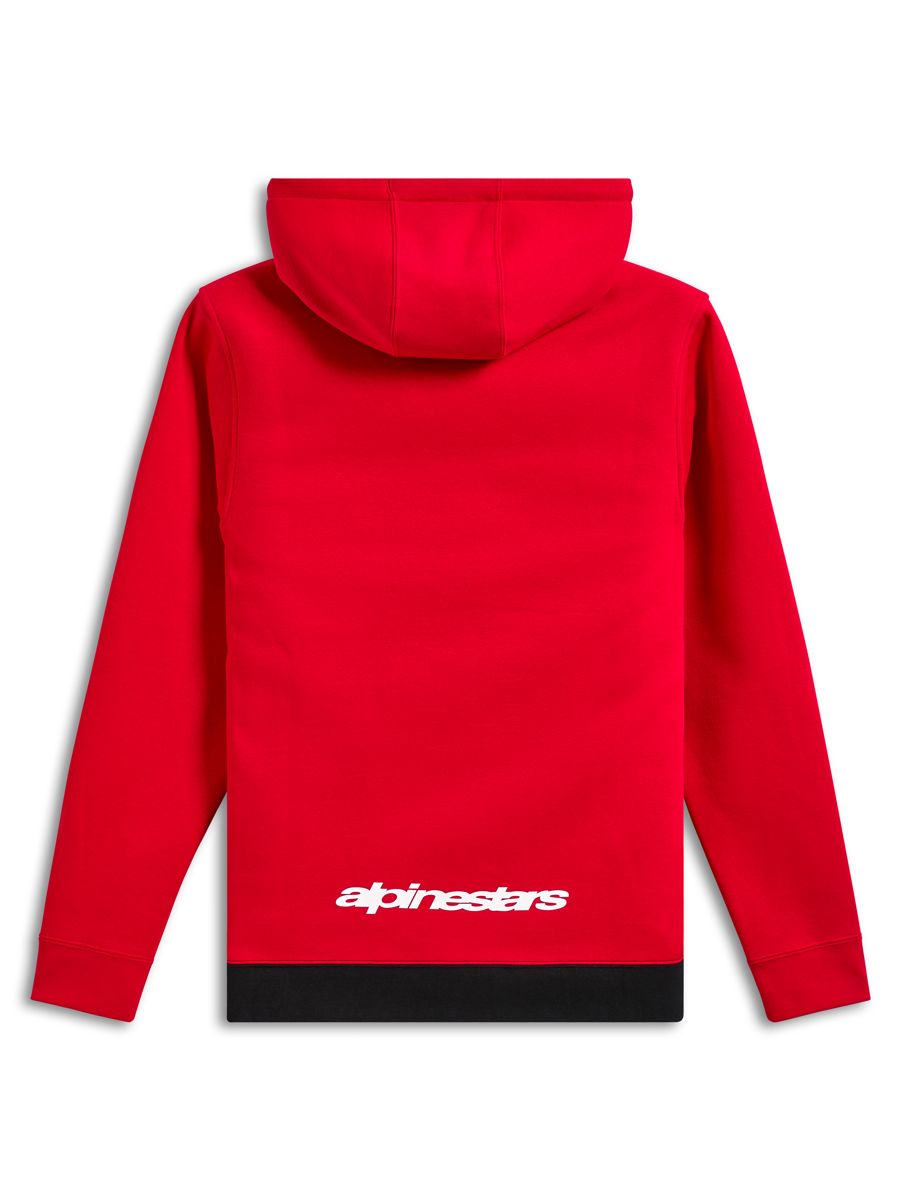 Alpinestars Parallel Kapuzenpullover, lässige Streetwear, Rot mit schwarzem Rippsaum, weißes Alpinestars-Logo auf dem unteren Rücken, Kapuzenpullover-Design, Rückansicht