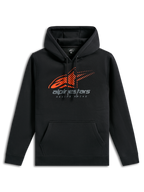 Alpinestars Pulse Hoodie, schwarze Freizeit-Sportbekleidung, mit orangefarbenem Astars-Logo und Speed-Line-Fade auf der Brust, grauem Alpinestars-Branding, Kängurutasche vorne und Kapuze mit Kordelzug