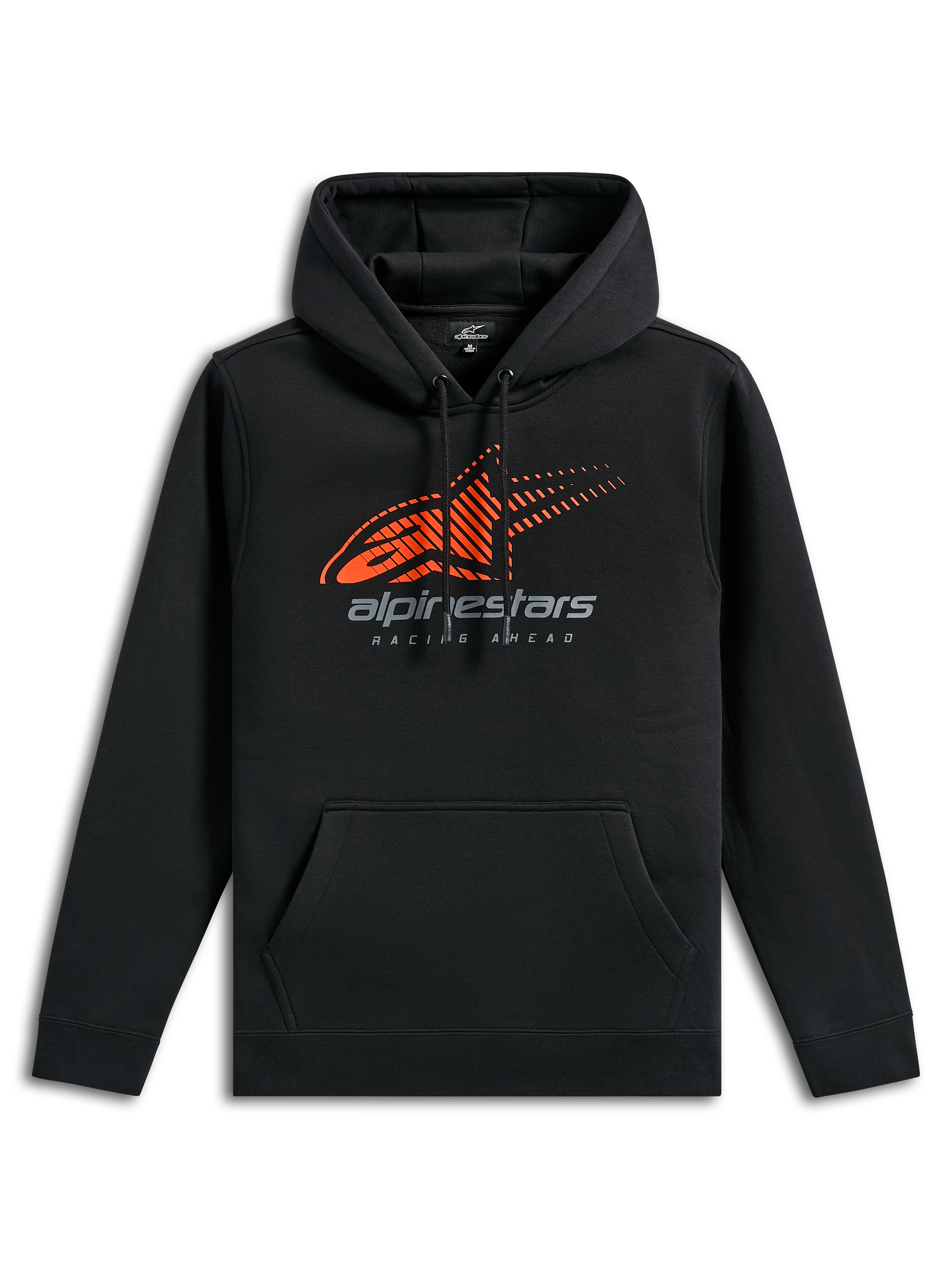 Alpinestars Pulse Hoodie, schwarze Freizeit-Sportbekleidung, mit orangefarbenem Astars-Logo und Speed-Line-Fade auf der Brust, grauem Alpinestars-Branding, Kängurutasche vorne und Kapuze mit Kordelzug