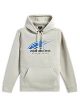 Alpinestars Pulse Hoodie, lässiger Kapuzenpullover, Off-White mit blauem Astars-Logo und grauem Branding, Kängurutasche vorne, Kapuze mit Kordelzug, lange Ärmel, modernes vom Motorsport inspiriertes Design