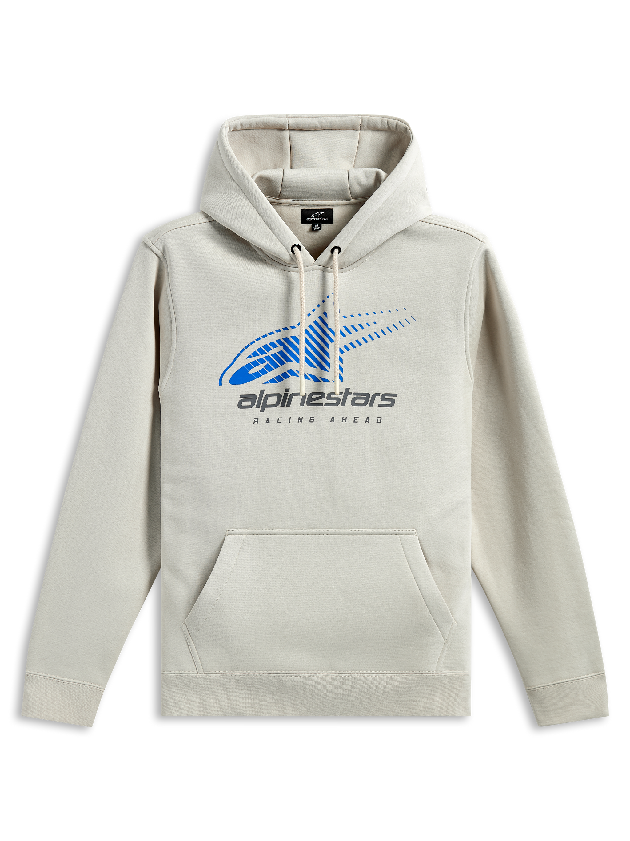 Alpinestars Pulse Hoodie, lässiger Kapuzenpullover, Off-White mit blauem Astars-Logo und grauem Branding, Kängurutasche vorne, Kapuze mit Kordelzug, lange Ärmel, modernes vom Motorsport inspiriertes Design
