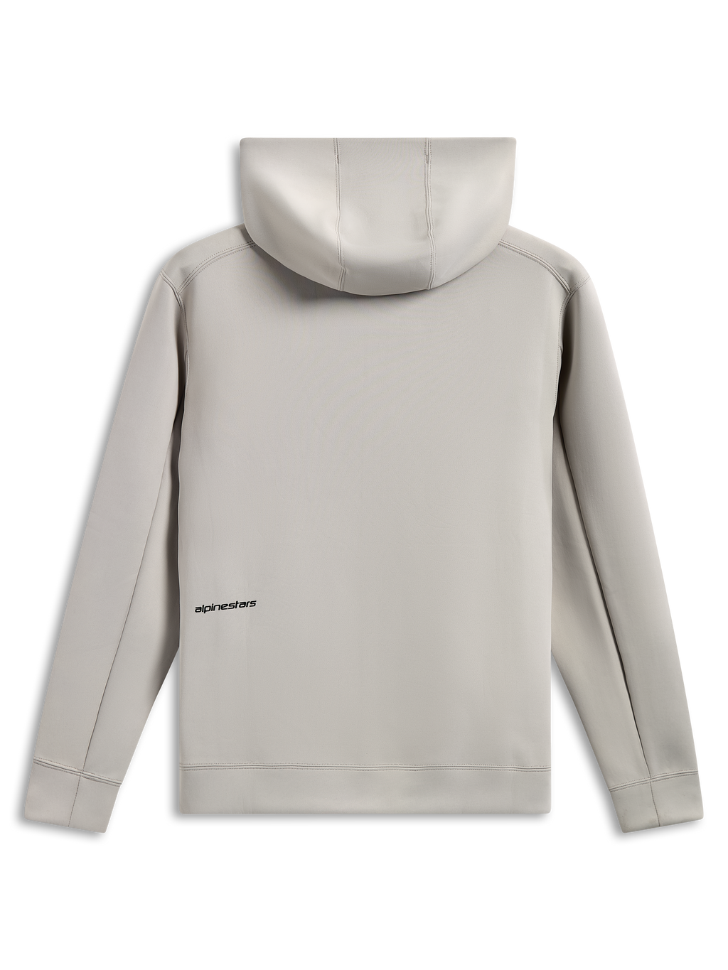 Alpinestars Cypher Hoodie, Rückansicht, Zementgrau, Tri-Blend-Doppelvlies, kleines schwarzes Wortlogo am unteren Rücken, Kapuze mit Mesh-Futter, lässige vom Motorsport inspirierte Streetwear
