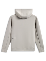 Alpinestars Cypher Hoodie, Rückansicht, Zementgrau, Tri-Blend-Doppelvlies, kleines schwarzes Wortlogo am unteren Rücken, Kapuze mit Mesh-Futter, lässige vom Motorsport inspirierte Streetwear