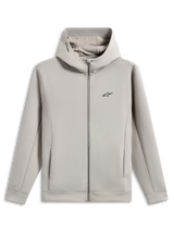 Alpinestars Cypher Hoodie, Kapuzenjacke aus Doppelvlies mit durchgehendem Reißverschluss, Cement-Grau, mit schwarzem Astars-Logo auf der Brust, hochgeschlossene Kapuze mit Mesh-Futter und Alpinestars-Wortlogo, Nahttaschen, lässiges Sportswear-Design