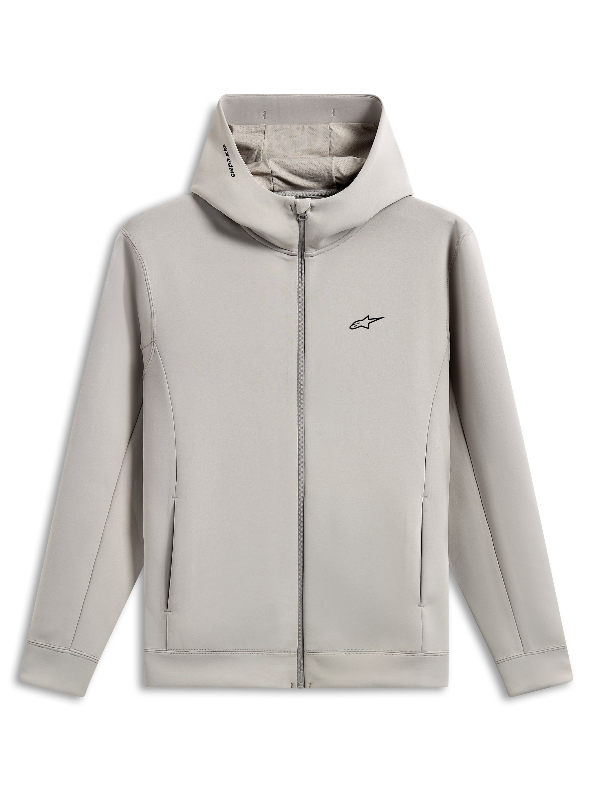 Alpinestars Cypher Hoodie, Kapuzenjacke aus Doppelvlies mit durchgehendem Reißverschluss, Cement-Grau, mit schwarzem Astars-Logo auf der Brust, hochgeschlossene Kapuze mit Mesh-Futter und Alpinestars-Wortlogo, Nahttaschen, lässiges Sportswear-Design