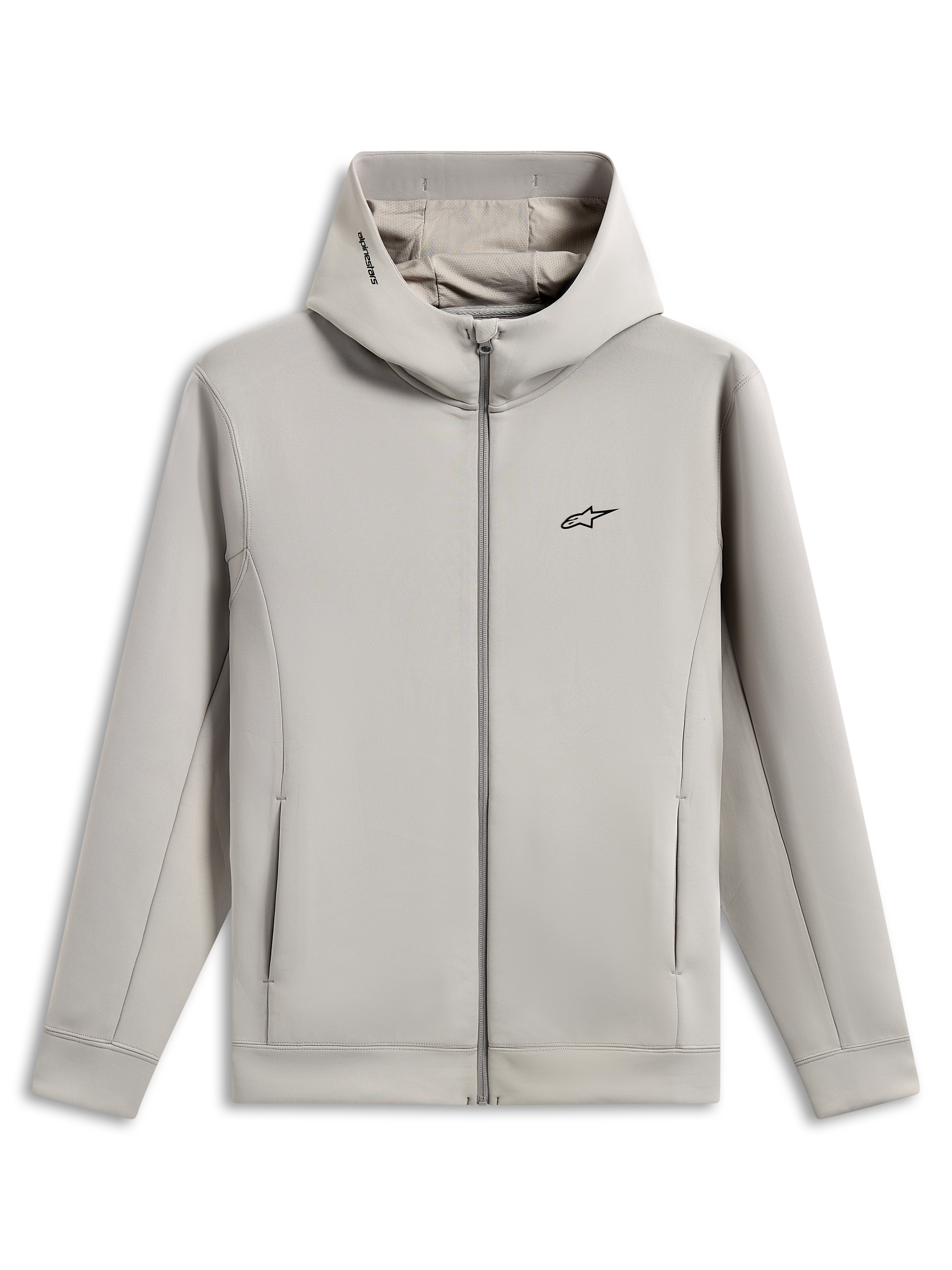 Alpinestars Cypher Hoodie, Kapuzenjacke aus Doppelvlies mit durchgehendem Reißverschluss, Cement-Grau, mit schwarzem Astars-Logo auf der Brust, hochgeschlossene Kapuze mit Mesh-Futter und Alpinestars-Wortlogo, Nahttaschen, lässiges Sportswear-Design